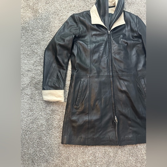 Vera Pelle Women’s Black and Cream Long Leather Zip Up Jacket NWOT Size 50 - Picture 14 of 16